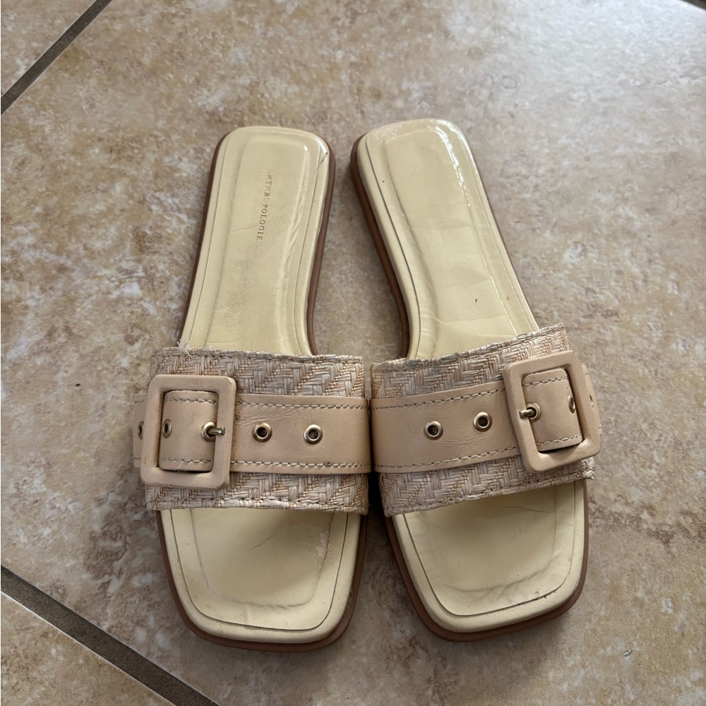 Anthropologie Beige Woven Slide Sandals with Buckle